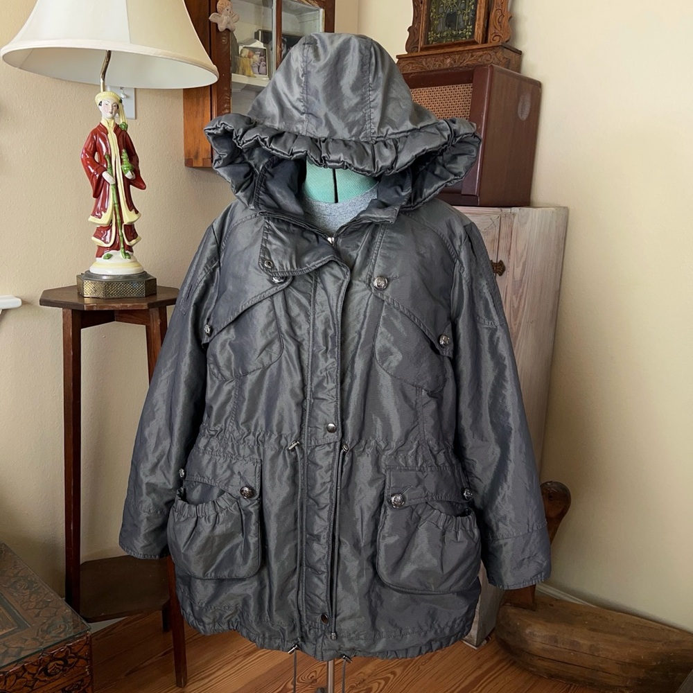 Vintage 90s Silver Grey Reflective Snow Parka Frilly Hood Puffer Jacket 1XL